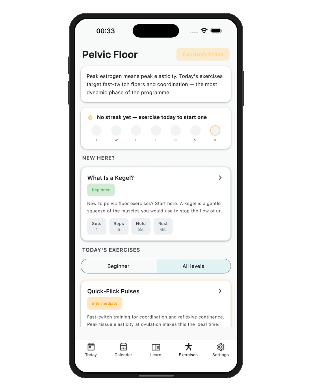 Pelvic floor exercise list tailored to the current phase
